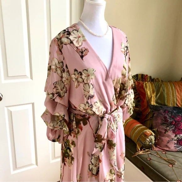 Gabby Skye Midi Dress in Pink Floral with Sharkbite Hem & Ruffled Sleeves (16) - Picture 2 of 8